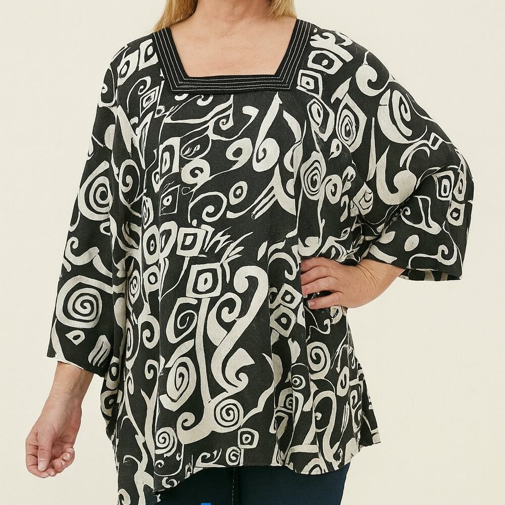 Black White Abstract Print Tunic Blouse Square Neck Oversized Boho Top